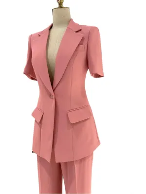 Pink Short-Sleeved Women Pant Suit, Thin Fabric Wide-Leg Pants