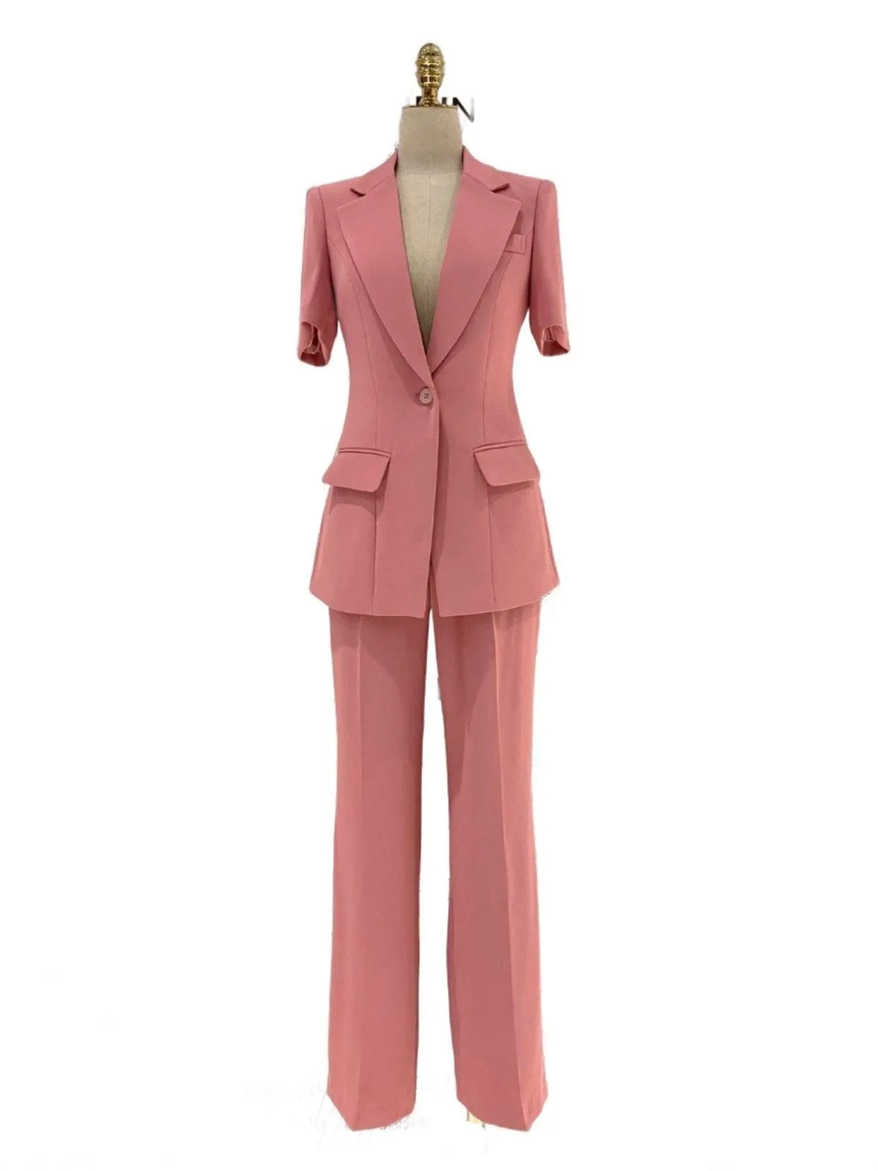 Pink Short-Sleeved Women Pant Suit, Thin Fabric Wide-Leg Pants