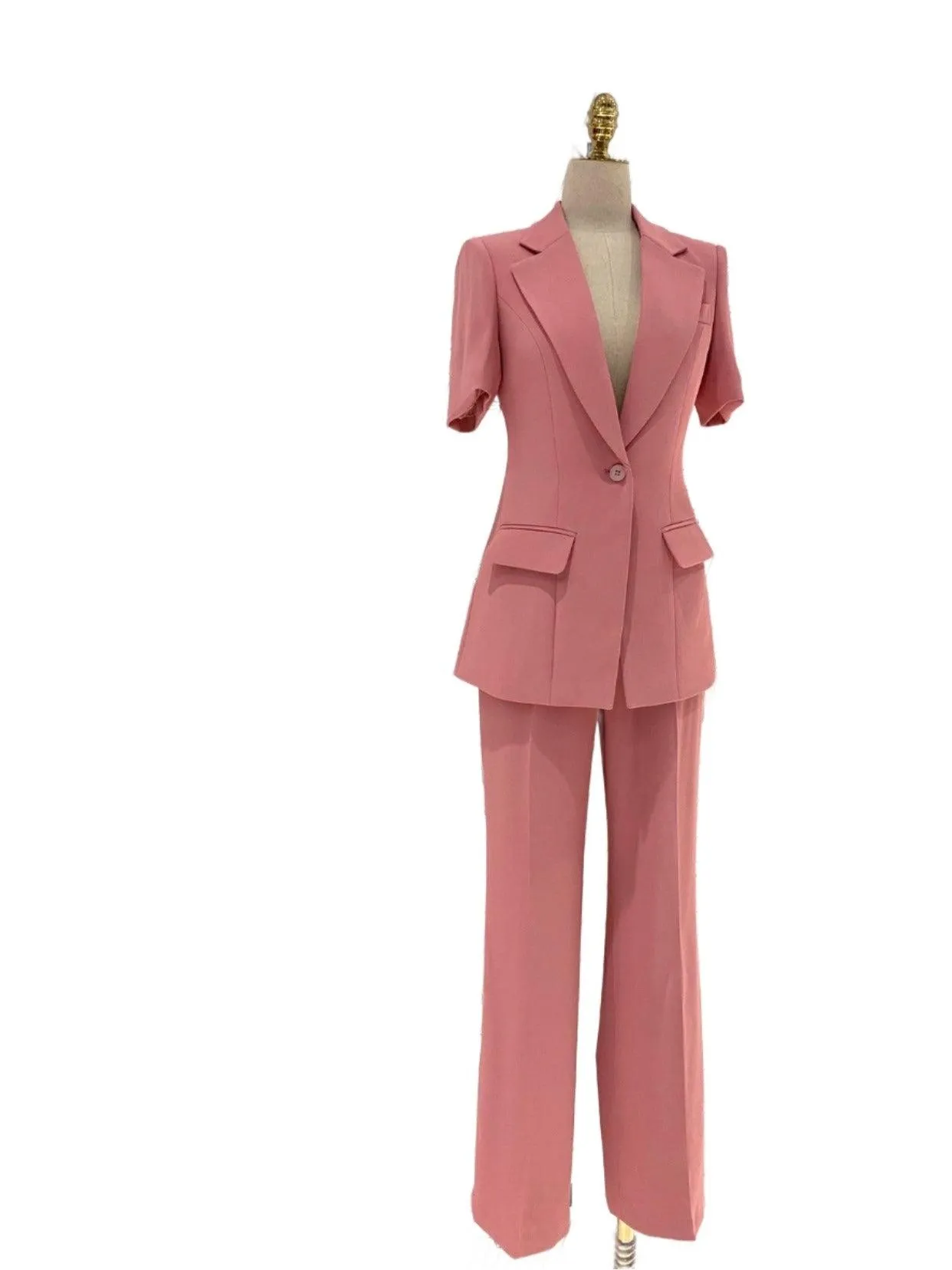 Pink Short-Sleeved Women Pant Suit, Thin Fabric Wide-Leg Pants