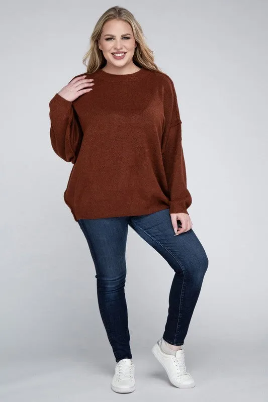 Plus Oversized Round Neck Raw Seam Melange Sweater