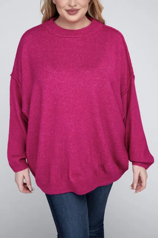 Plus Oversized Round Neck Raw Seam Melange Sweater