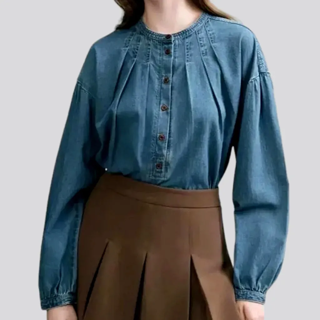 Puffed sleeves stylish jean shirt for women