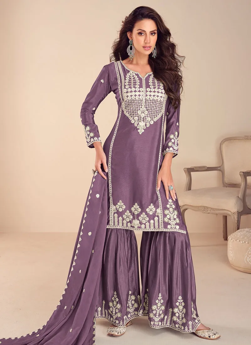 Purple Threadwork Embroidery Gharara Suit