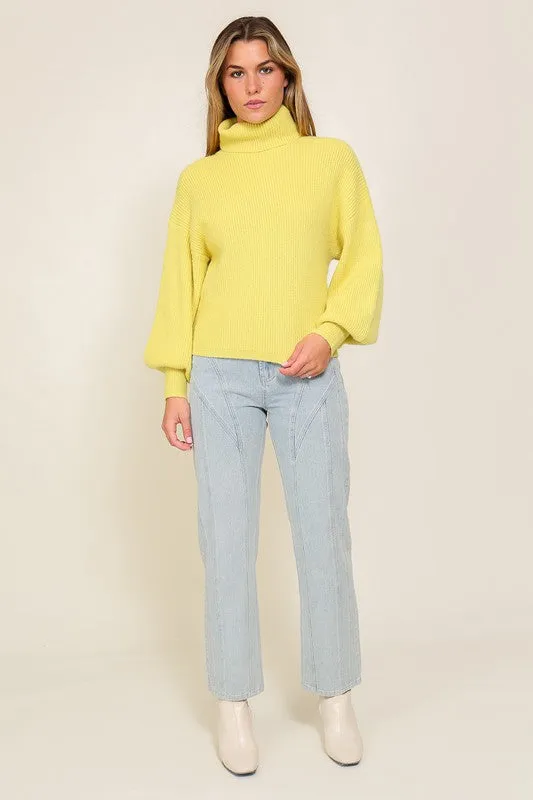 Rib Knitted Turtleneck Sweater with Bishop Sleeve