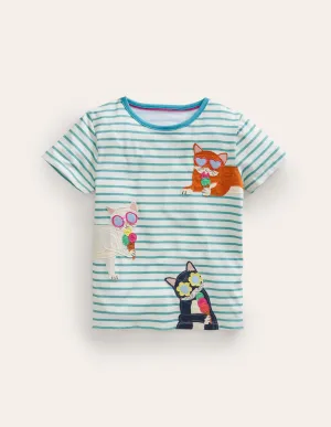 Short Sleeve Appliqué T-shirt-Ivory/ Blue Ice Cream Cat