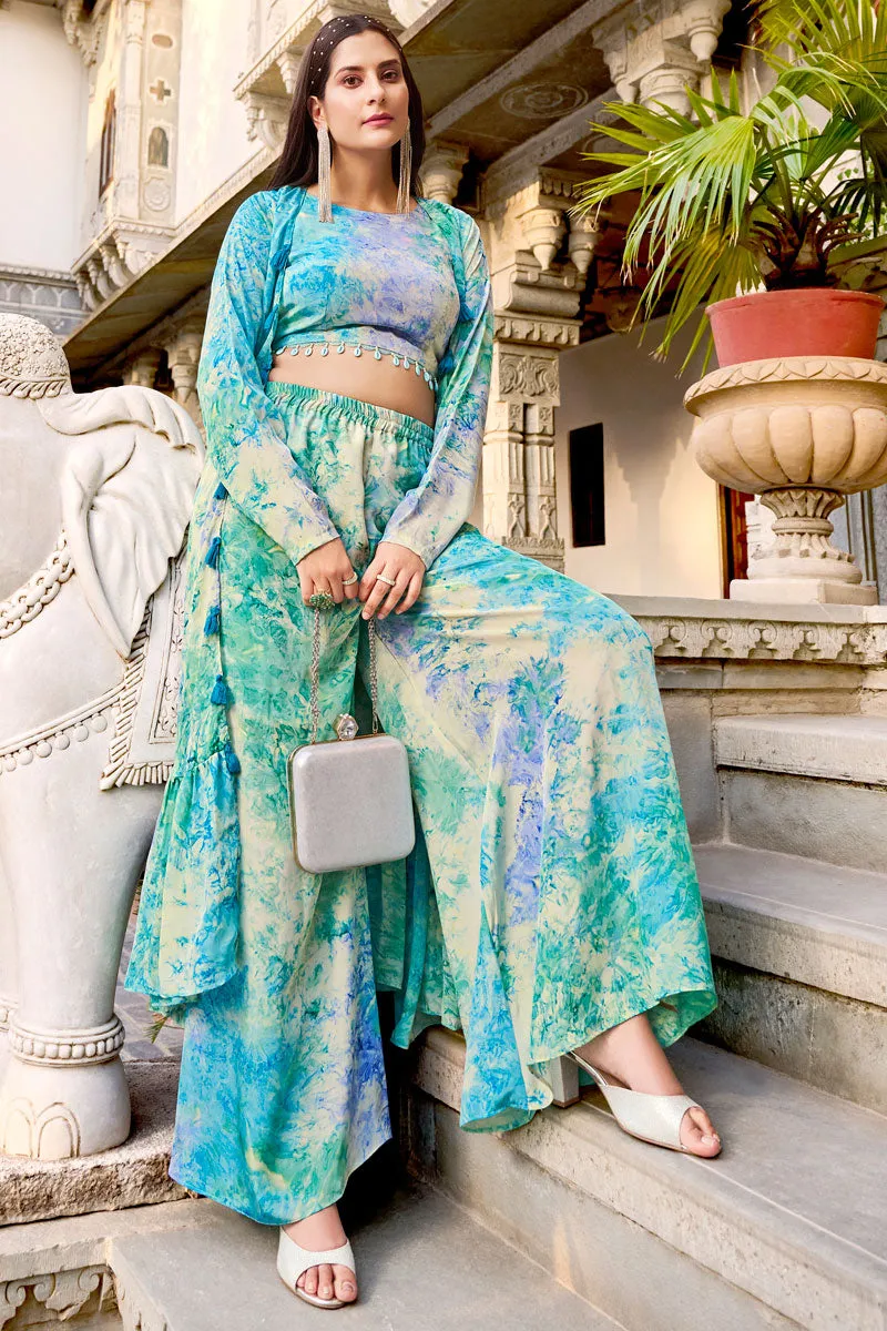 Sky Blue Stylish Art Silk Readymade Palazzo Suit With Koti