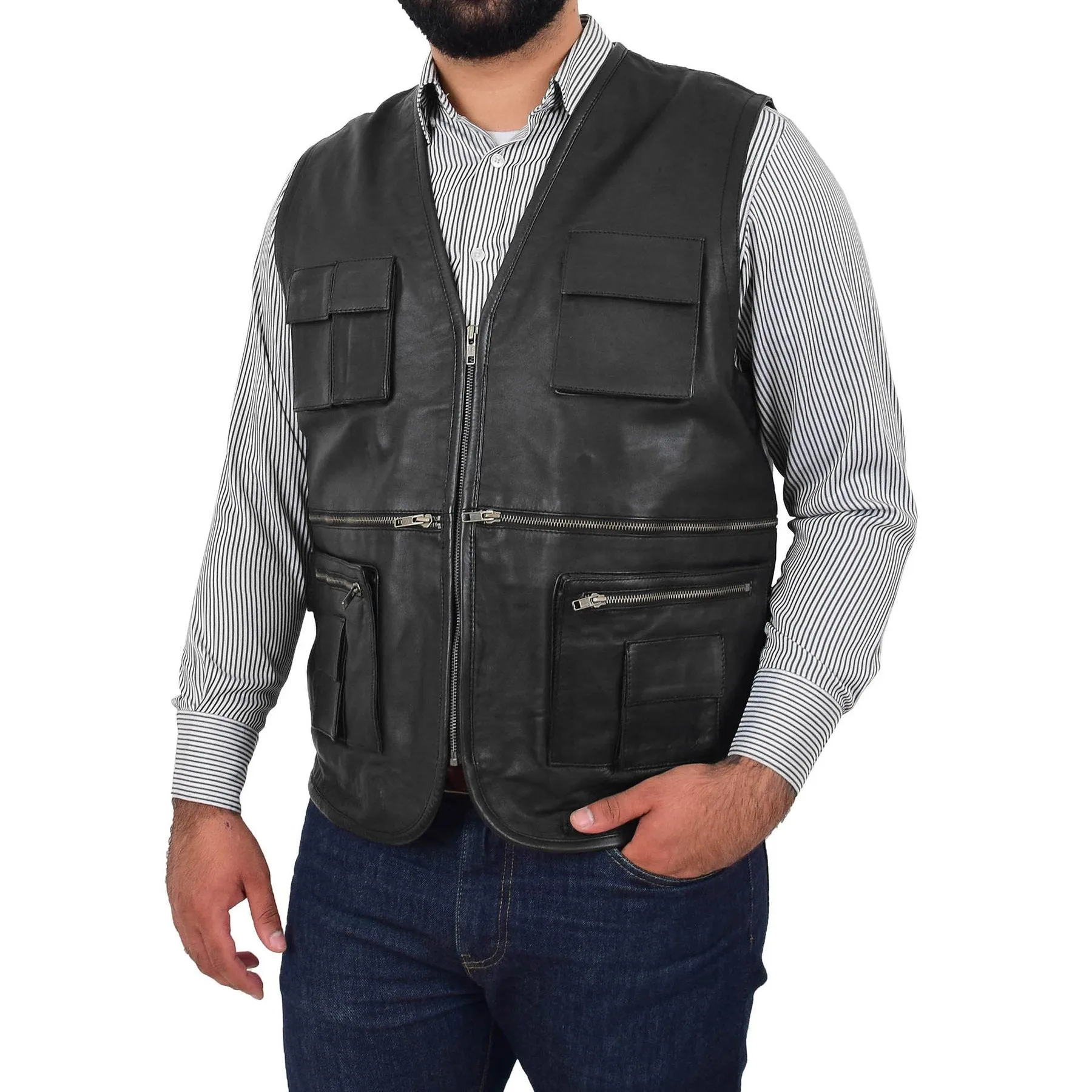 Spine Spark Men's Black Soft Leather Classic Vest Multi Pockets