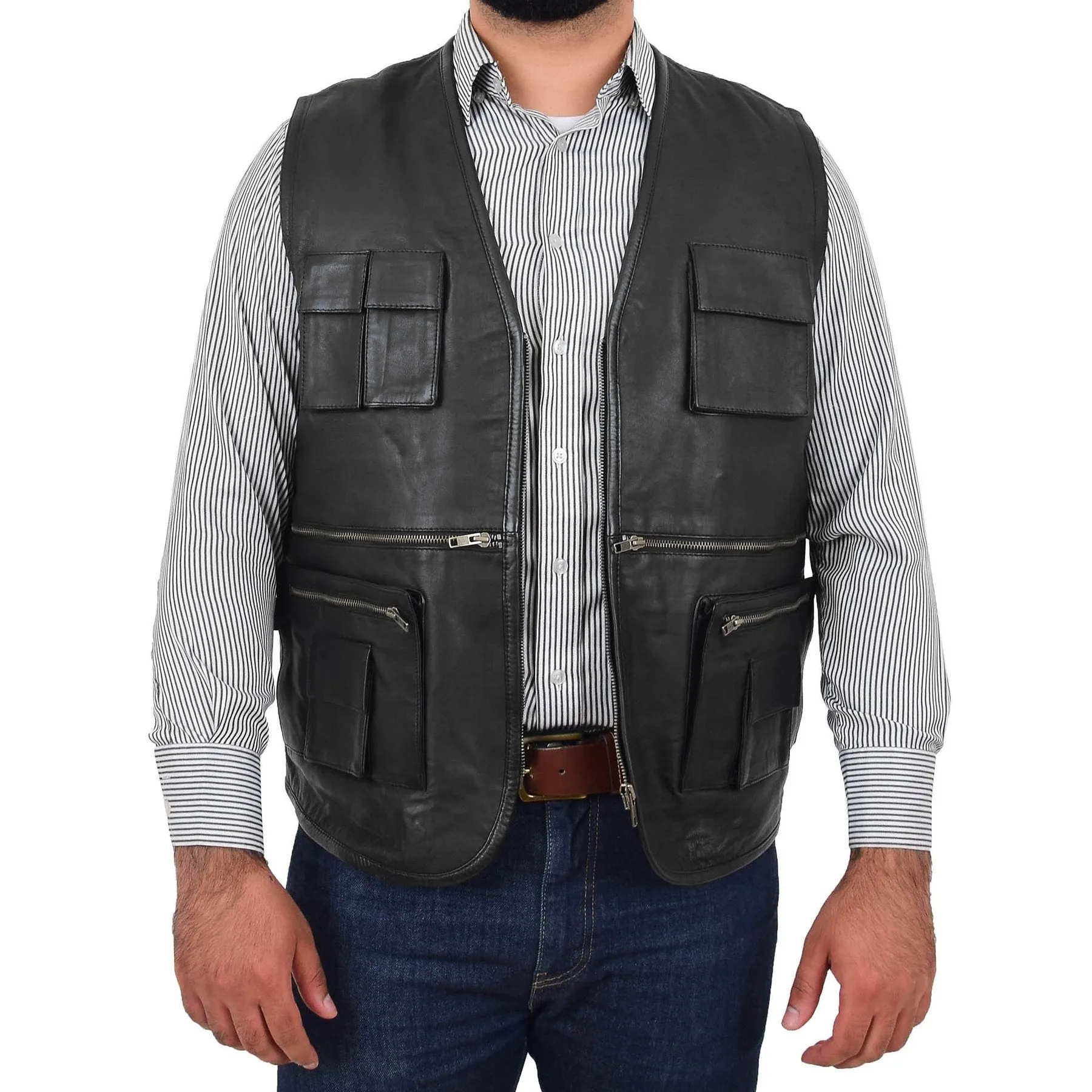 Spine Spark Men's Black Soft Leather Classic Vest Multi Pockets