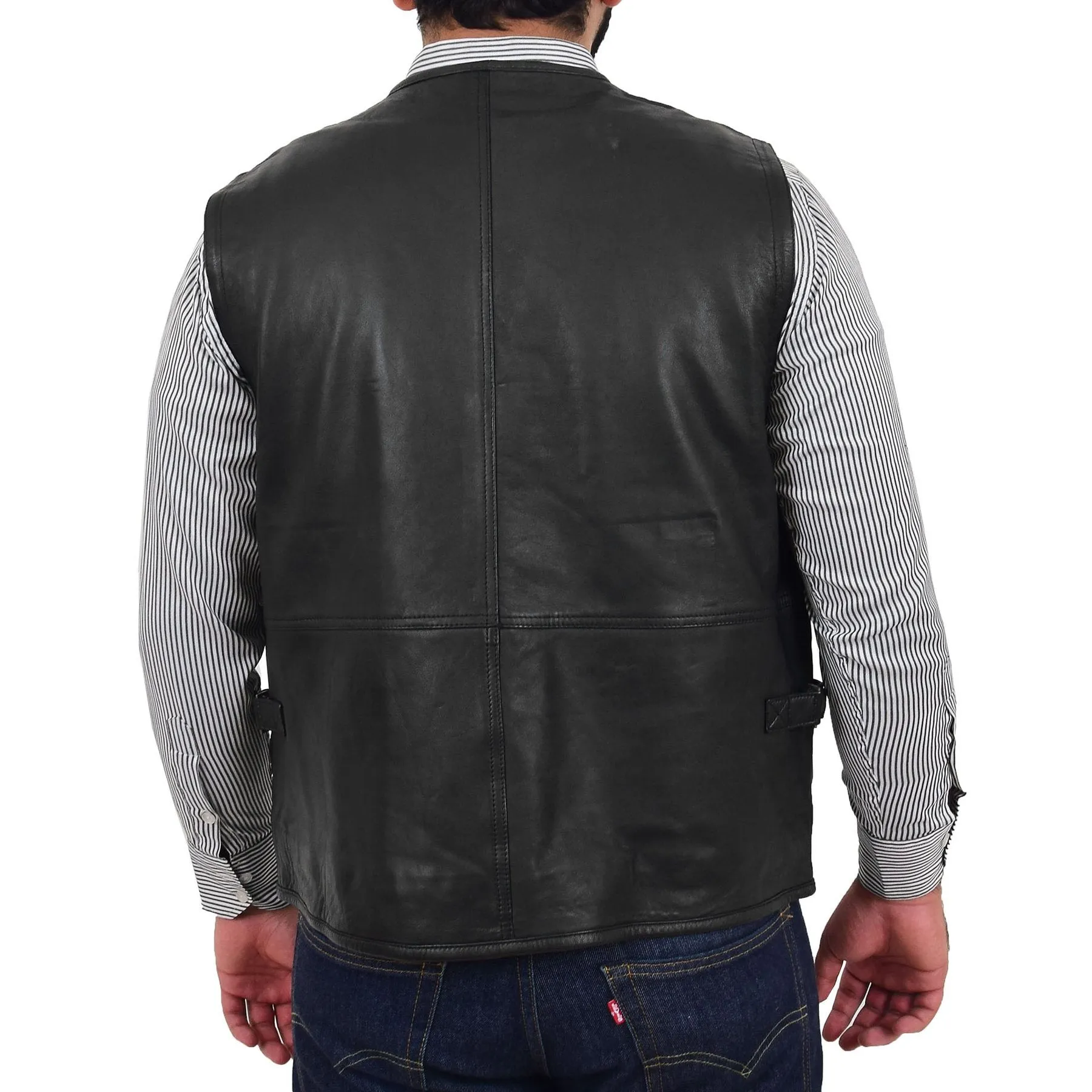 Spine Spark Men's Black Soft Leather Classic Vest Multi Pockets