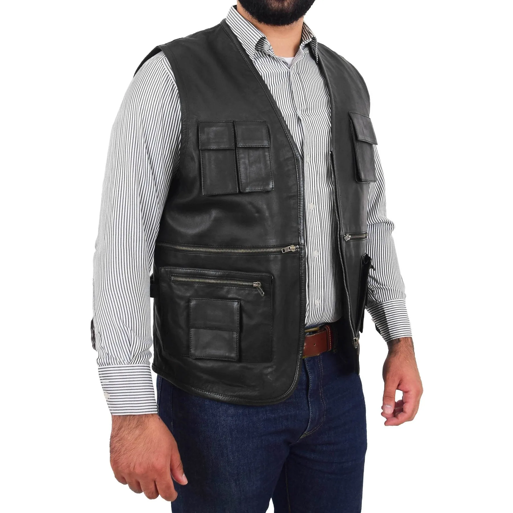 Spine Spark Men's Black Soft Leather Classic Vest Multi Pockets