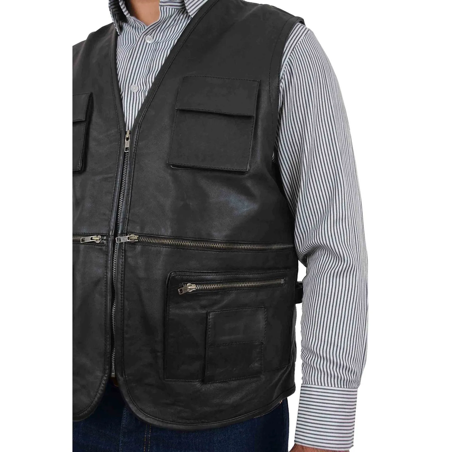 Spine Spark Men's Black Soft Leather Classic Vest Multi Pockets