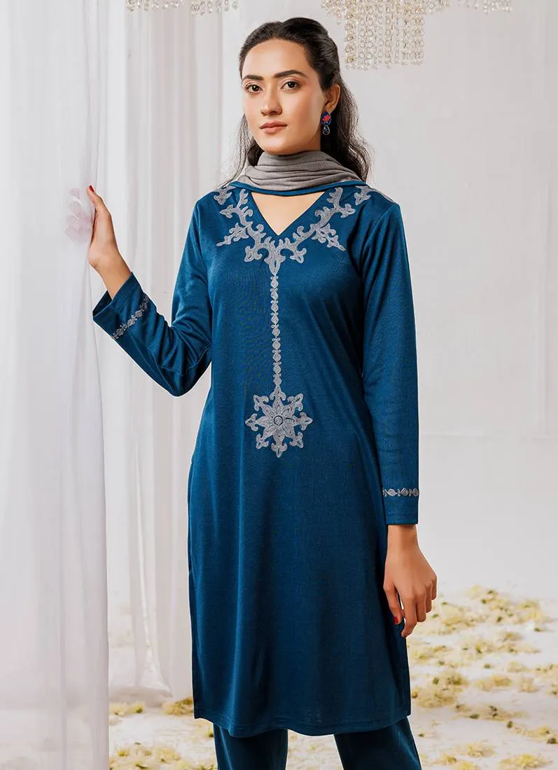 Teal Woollen Knitwear Suits with Dupatta