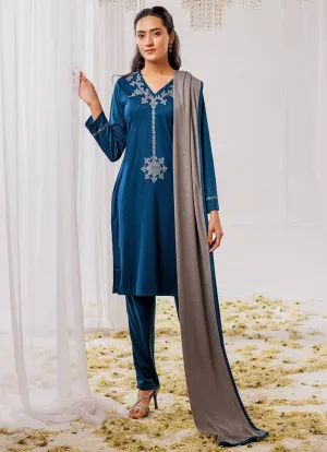 Teal Woollen Knitwear Suits with Dupatta