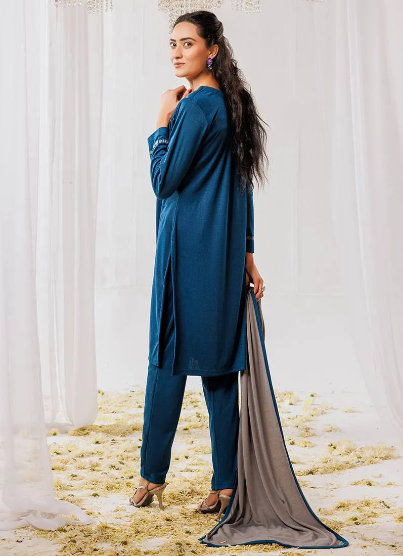 Teal Woollen Knitwear Suits with Dupatta