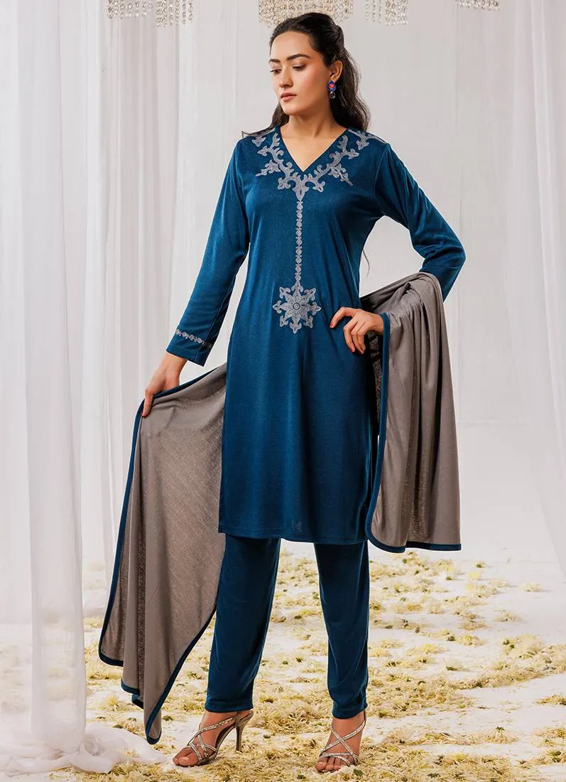 Teal Woollen Knitwear Suits with Dupatta