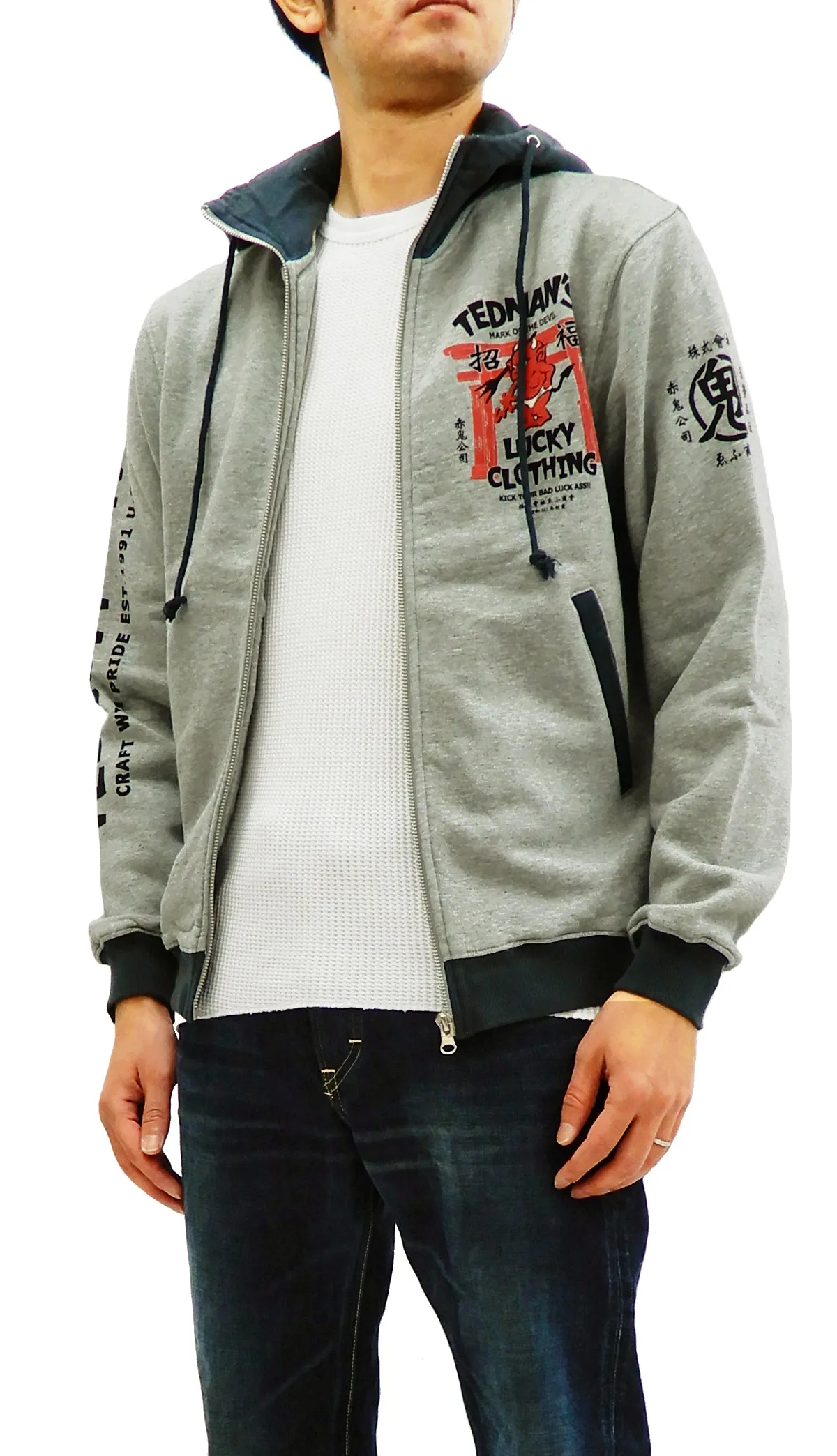 Tedman Hoodie Men's Casual Full Zip Hoodie Zip-Up Printed Hooded Sweatshirt TDSP-149 Ash-Gray