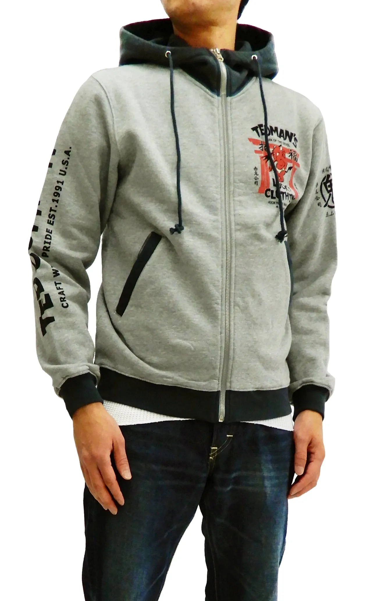 Tedman Hoodie Men's Casual Full Zip Hoodie Zip-Up Printed Hooded Sweatshirt TDSP-149 Ash-Gray