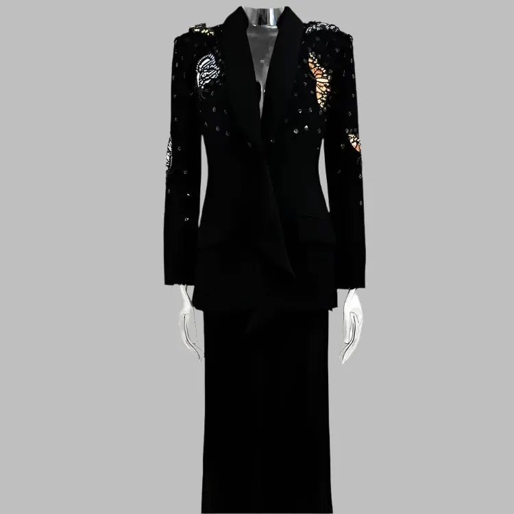 Trend4us Butterfly-Embellished Black Wide-Leg Pant Suit