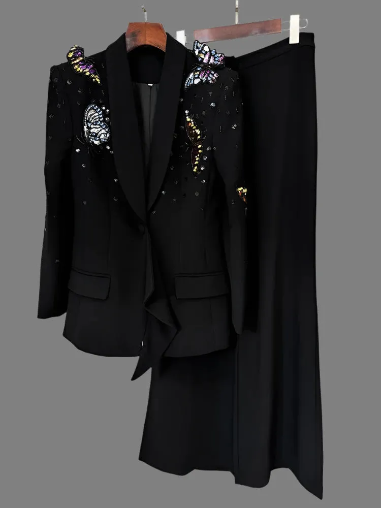 Trend4us Butterfly-Embellished Black Wide-Leg Pant Suit