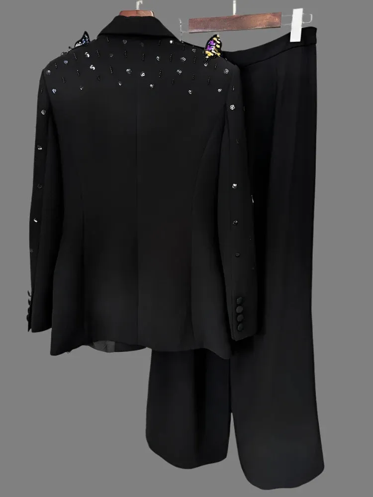 Trend4us Butterfly-Embellished Black Wide-Leg Pant Suit