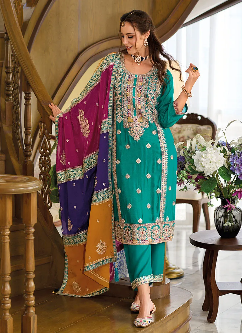 Turquoise Multicoloured Embroidery Pant Style Suit