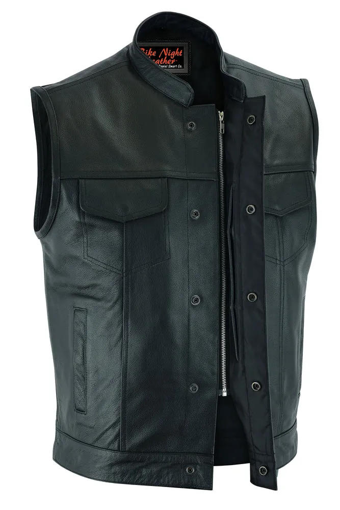 Urban Edge Motorcycle Leather Vest - Snap Closure, Scoop Collar & Hidden Zipper