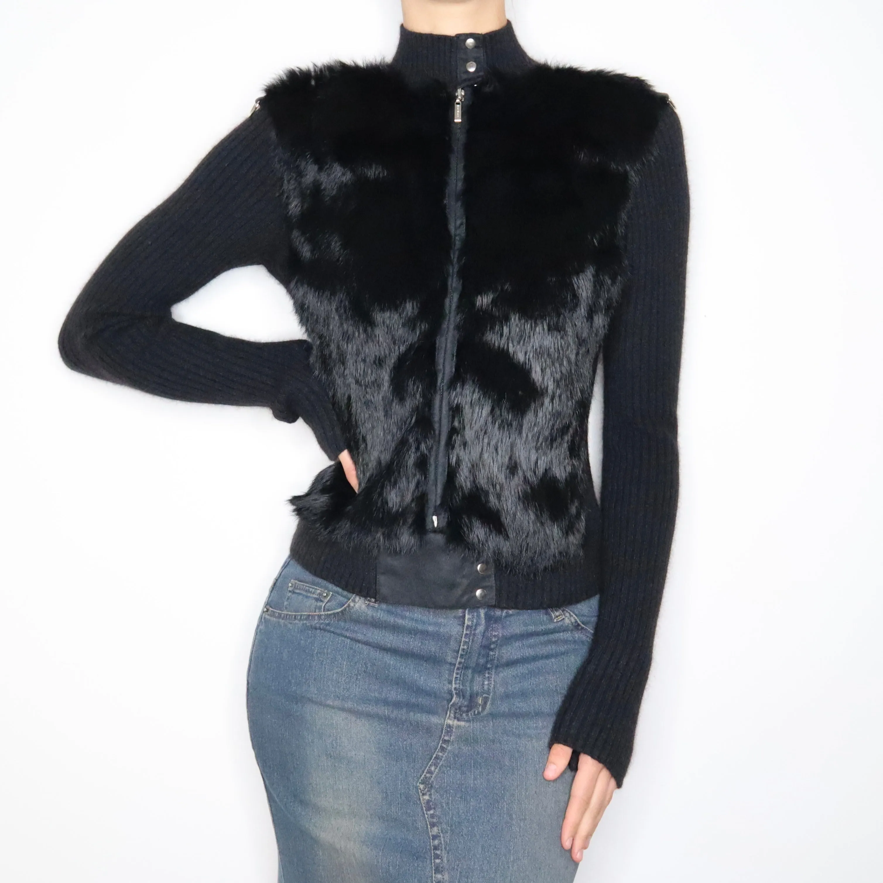 Y2K BEBE Black Fur Zip Up Sweater (M)