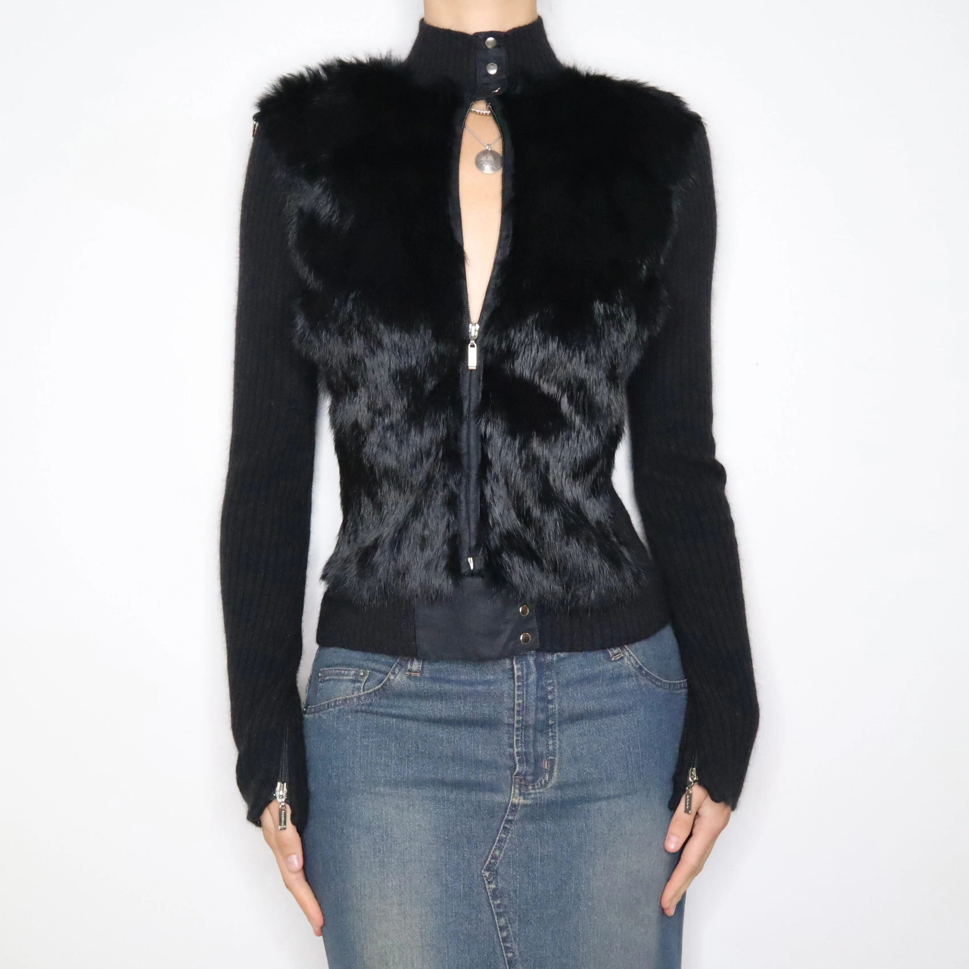 Y2K BEBE Black Fur Zip Up Sweater (M)