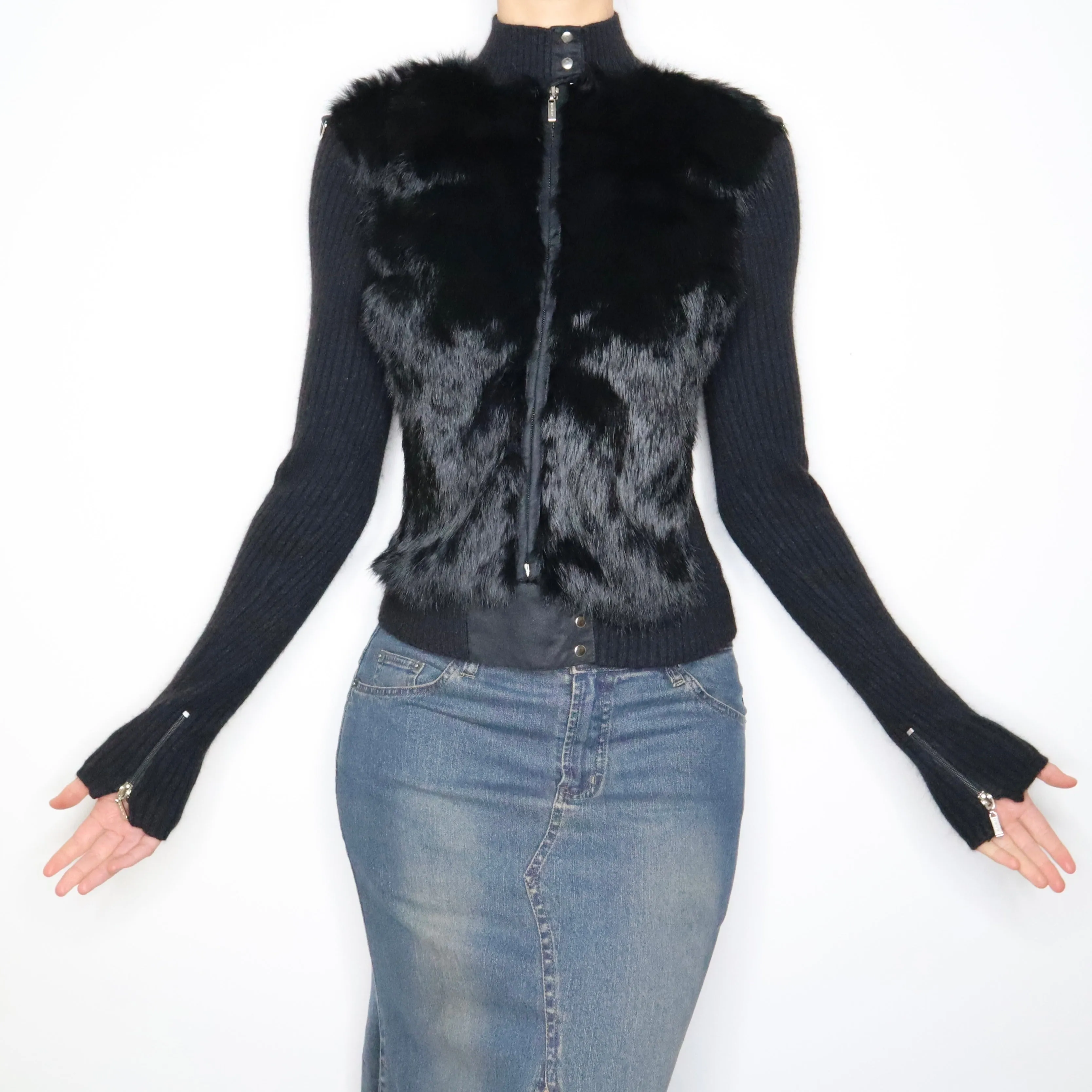 Y2K BEBE Black Fur Zip Up Sweater (M)