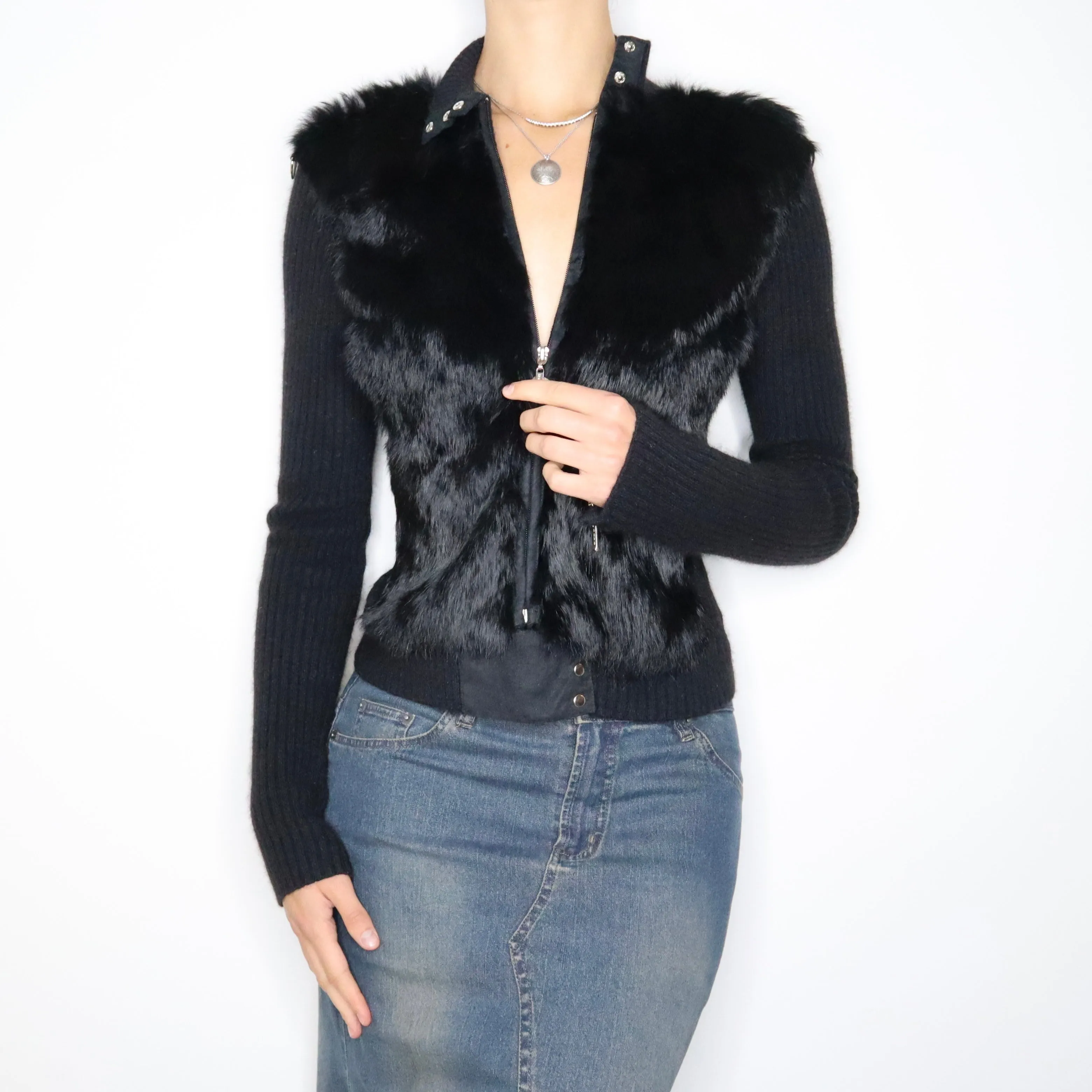 Y2K BEBE Black Fur Zip Up Sweater (M)