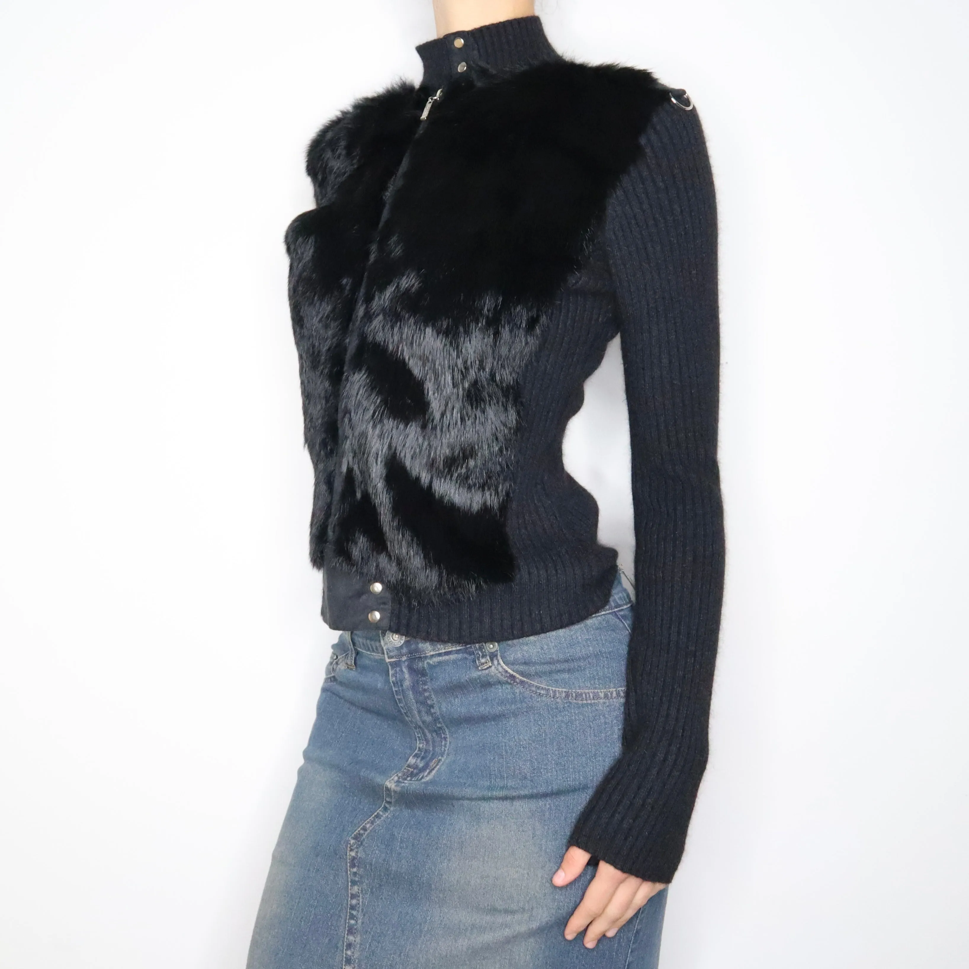 Y2K BEBE Black Fur Zip Up Sweater (M)