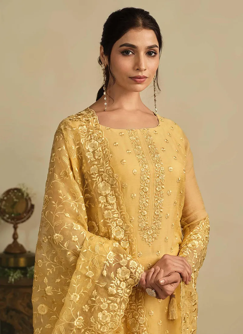 Yellow Thread Work Embroidery Pakistani Pant Suit